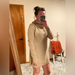 Perfect Cozy Sweater Dress with Chunky Turtleneck - Tan
